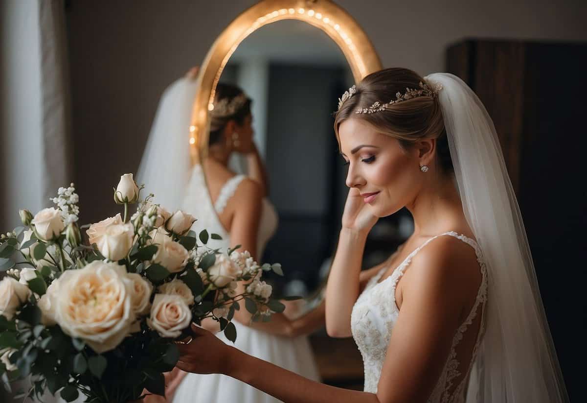 Bride standing in front of a mirror, removing her veil and adjusting her hair. Bouquet and wedding dress in the background