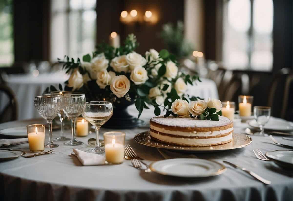 A table set with half-eaten wedding cake, abandoned champagne glasses, and scattered bouquets, all overlooked in the rush to the reception
