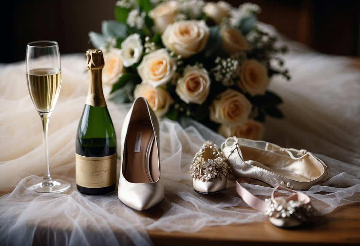 A table cluttered with forgotten wedding items: bouquet, vows, garter, and champagne flutes. A discarded veil and shoes lay nearby