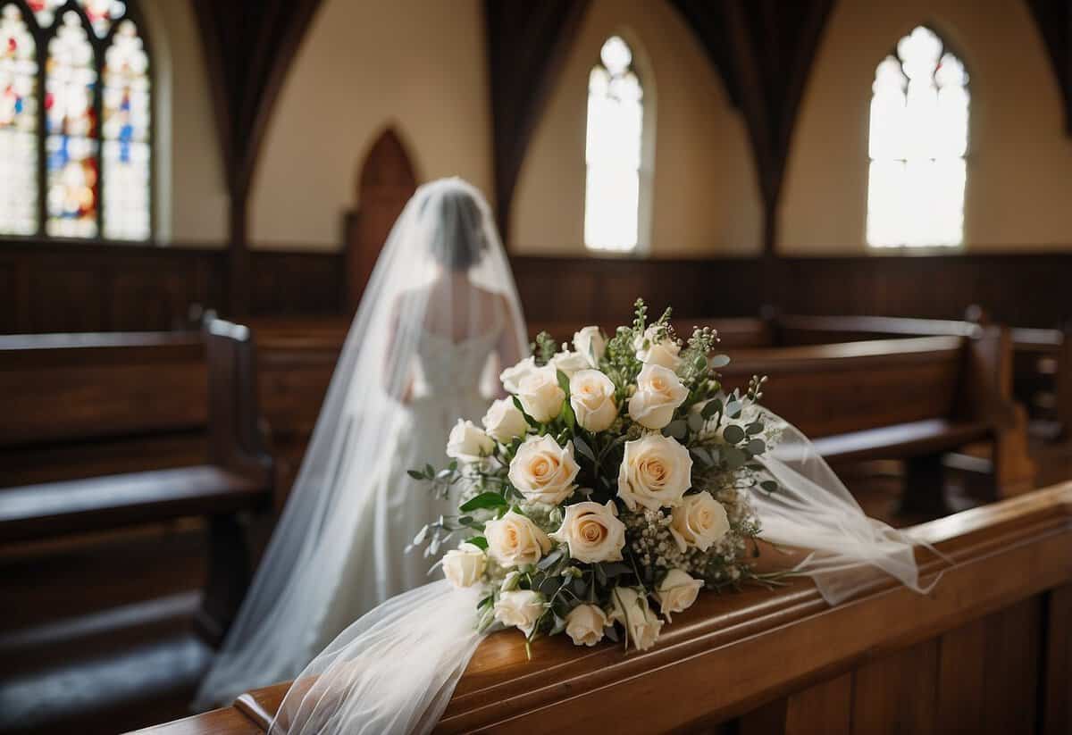 A bride's bouquet and veil left behind on a church pew after the ceremony. A forgotten phone with notifications buzzing on a nearby table