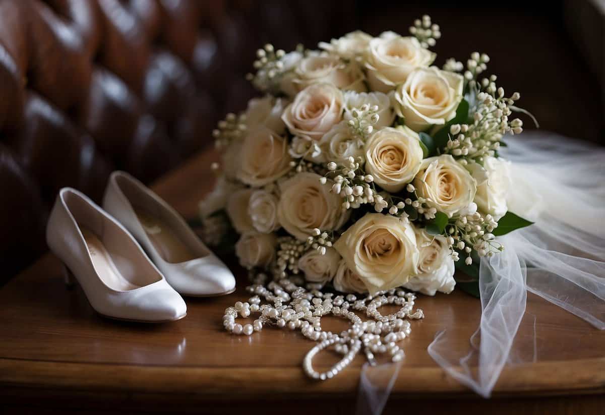 Bride's bouquet, veil, and shoes left behind on a church pew. Makeup and hair accessories scattered on a vanity table