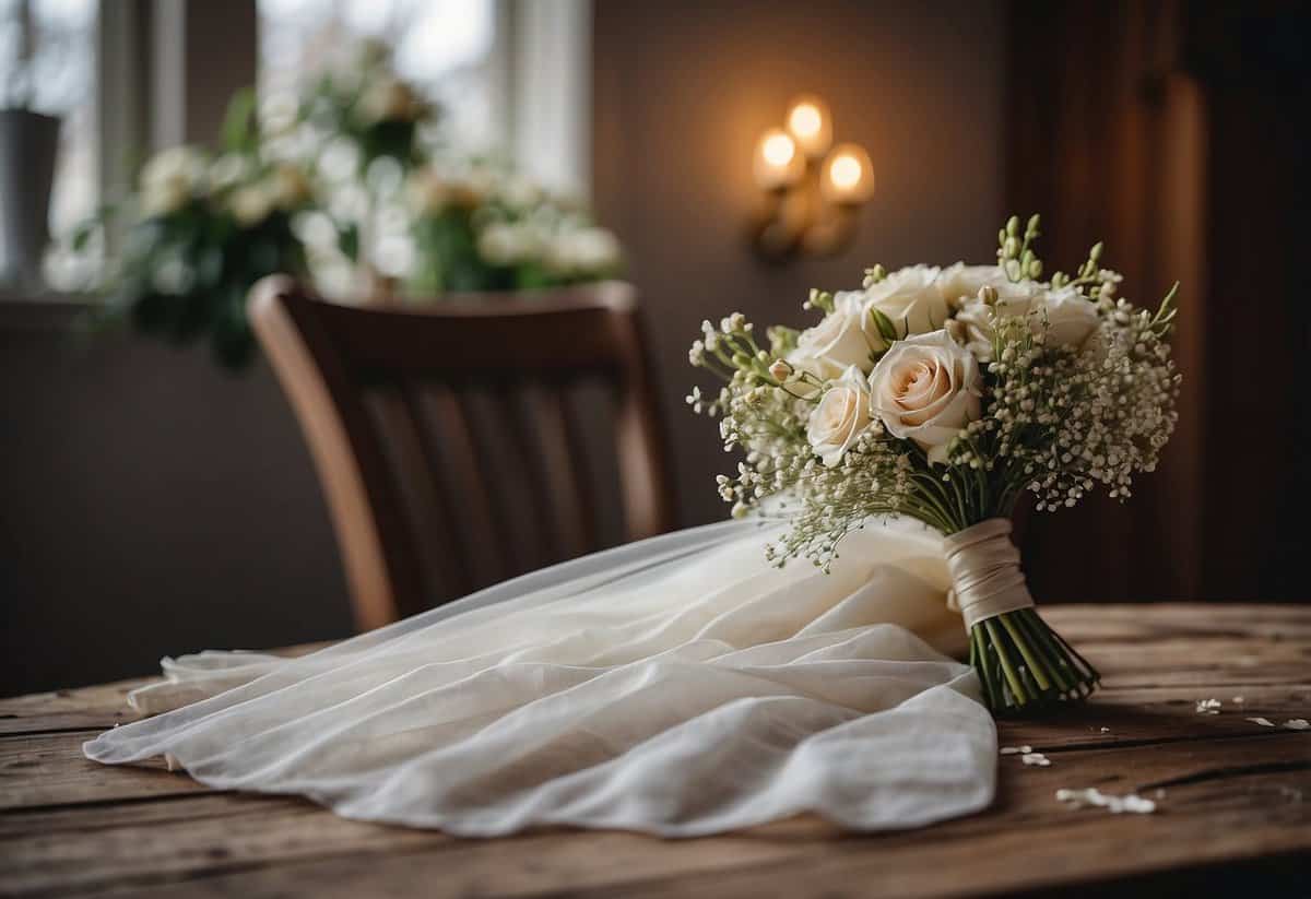 Bills scattered on a neglected table, a wedding dress hung in the background, and a forgotten bouquet lying on the floor