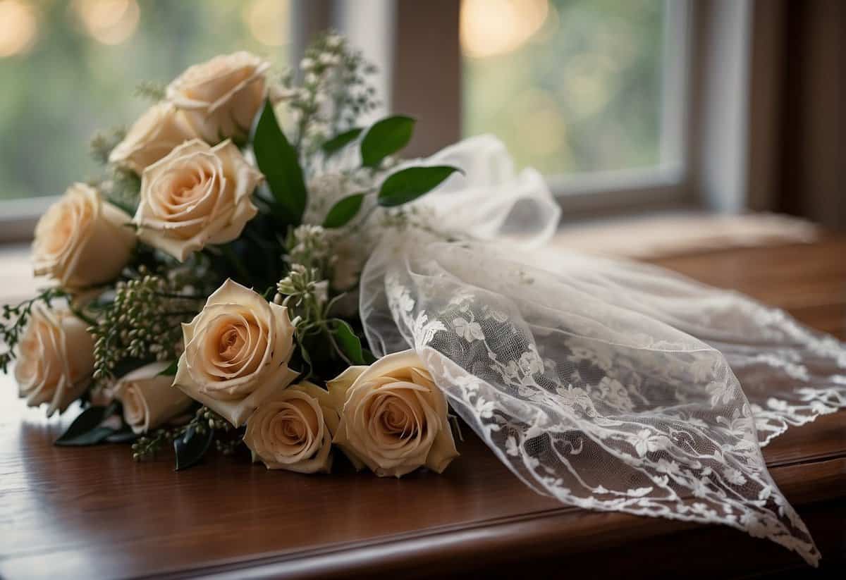 A wedding veil and bouquet left behind on a table, a forgotten marriage license lying next to them