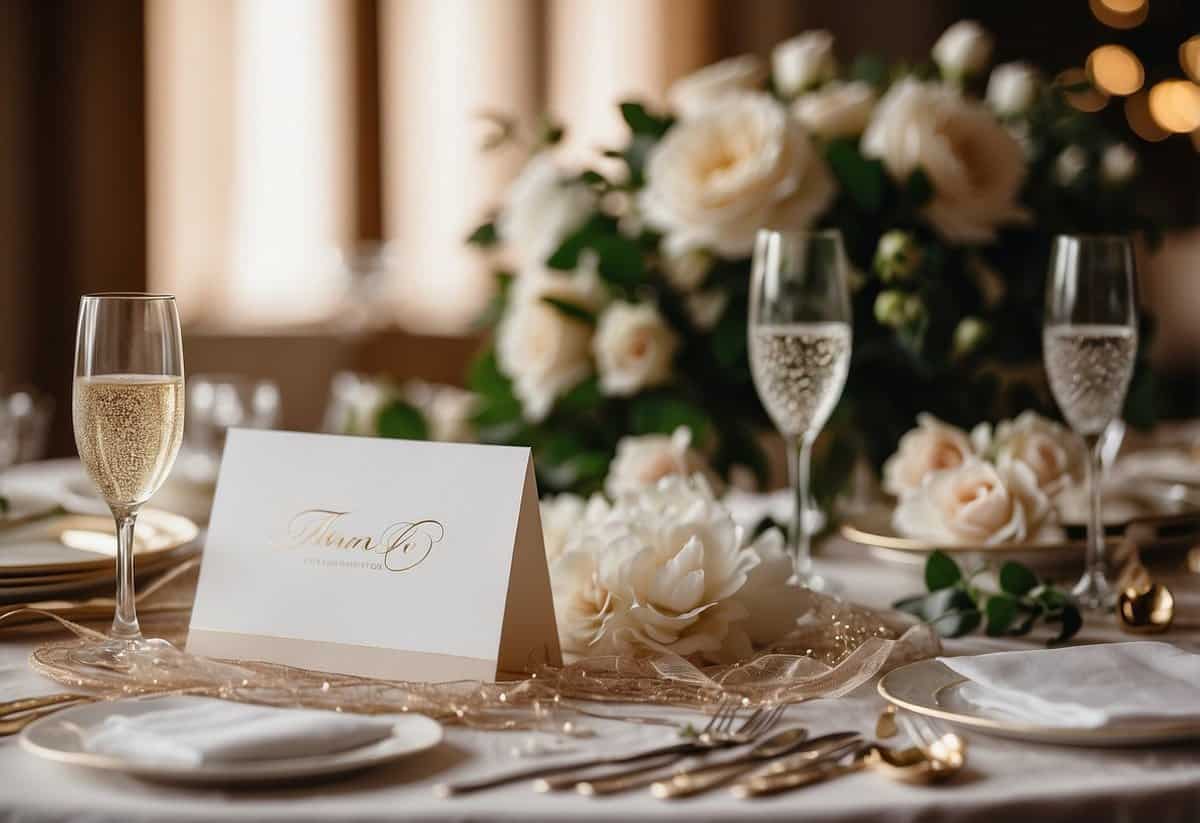 A stack of forgotten thank you cards sits on a table, surrounded by scattered wedding decorations and empty champagne glasses. A bride's veil hangs off the back of a chair, forgotten in the post-ceremony chaos