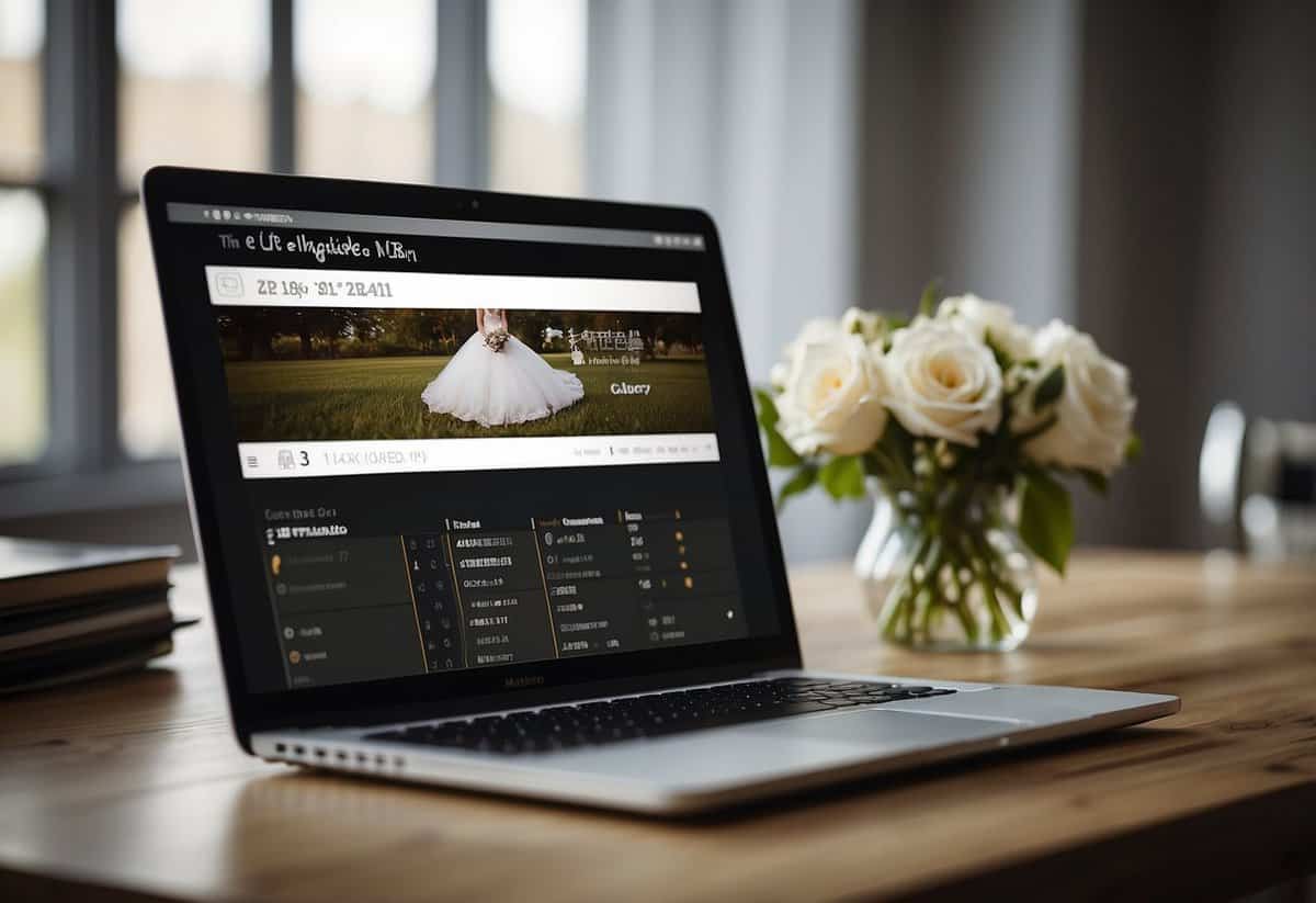 A computer screen displaying a wedding website with a cursor hovering over the "Delete" button. A calendar on the wall shows the wedding date passed