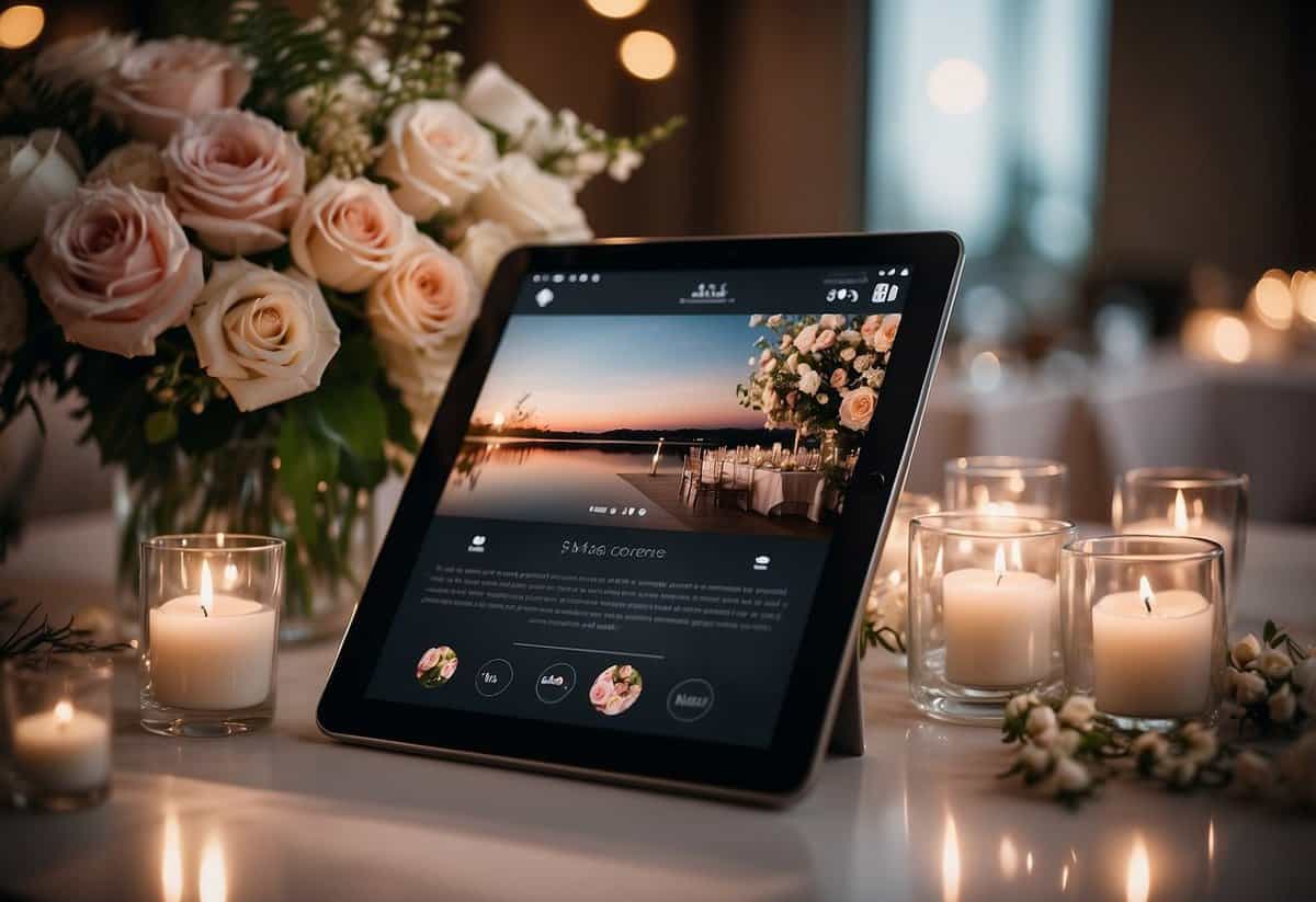 A wedding website with a digital menu displayed on a sleek, modern tablet, surrounded by elegant floral arrangements and soft, romantic lighting