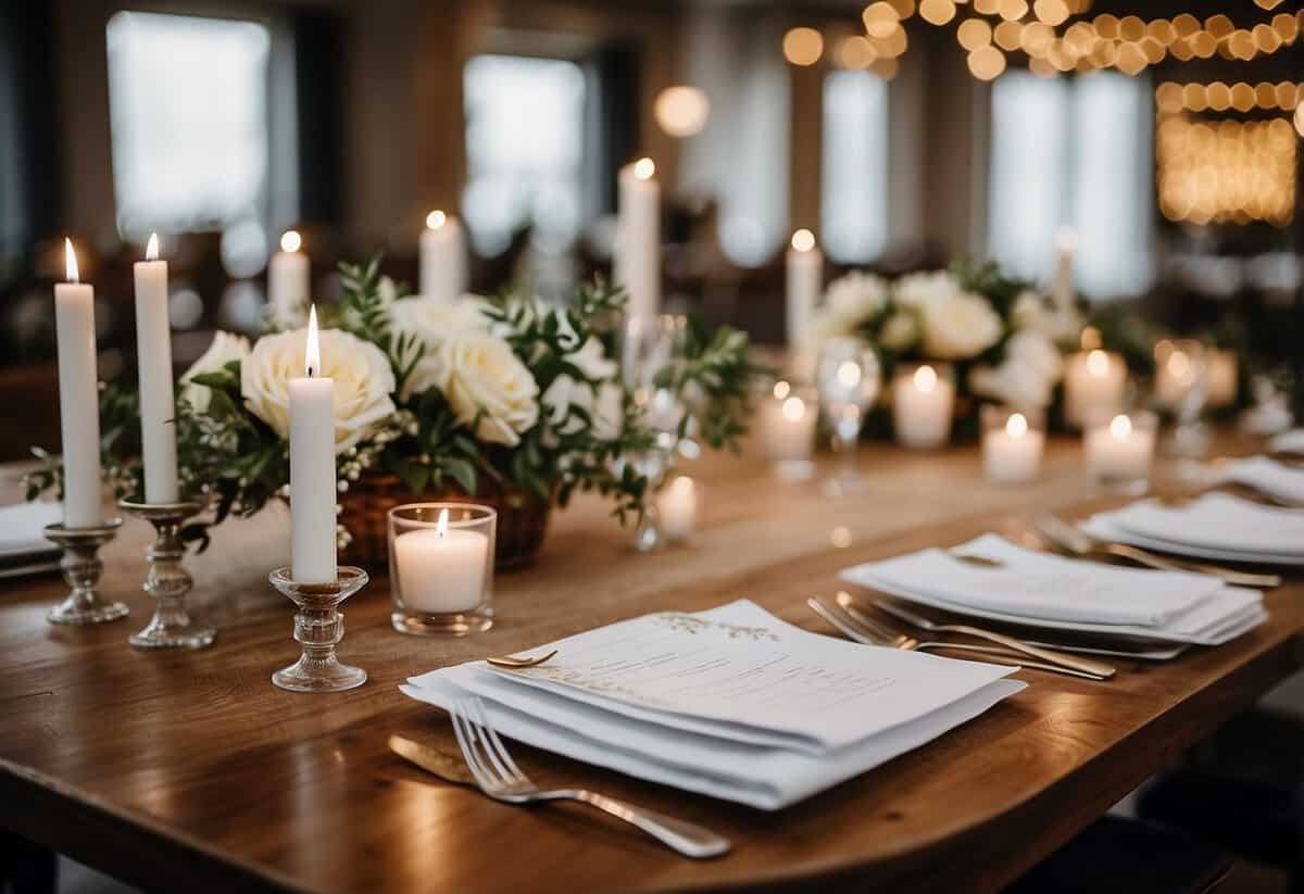 A table with DIY wedding decorations and budgeting spreadsheets