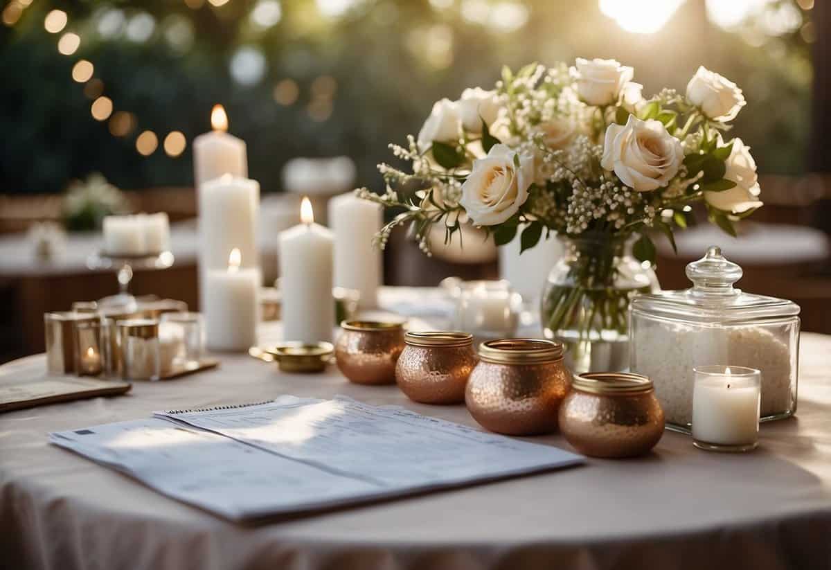 A table scattered with DIY wedding decorations and supplies, with a checklist and budget spreadsheet nearby