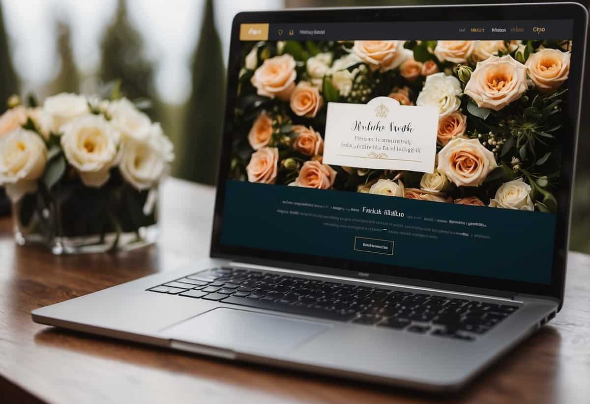 A laptop displaying a wedding website with social media icons in the background. A couple's names and wedding details are prominently featured on the site