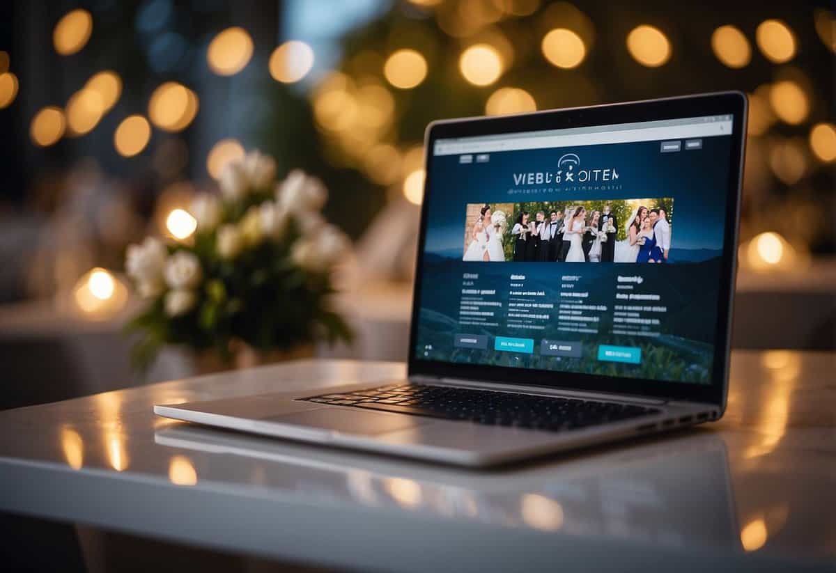 A wedding website displayed on a computer screen with social media icons in the background, symbolizing the decision to share or keep the event private