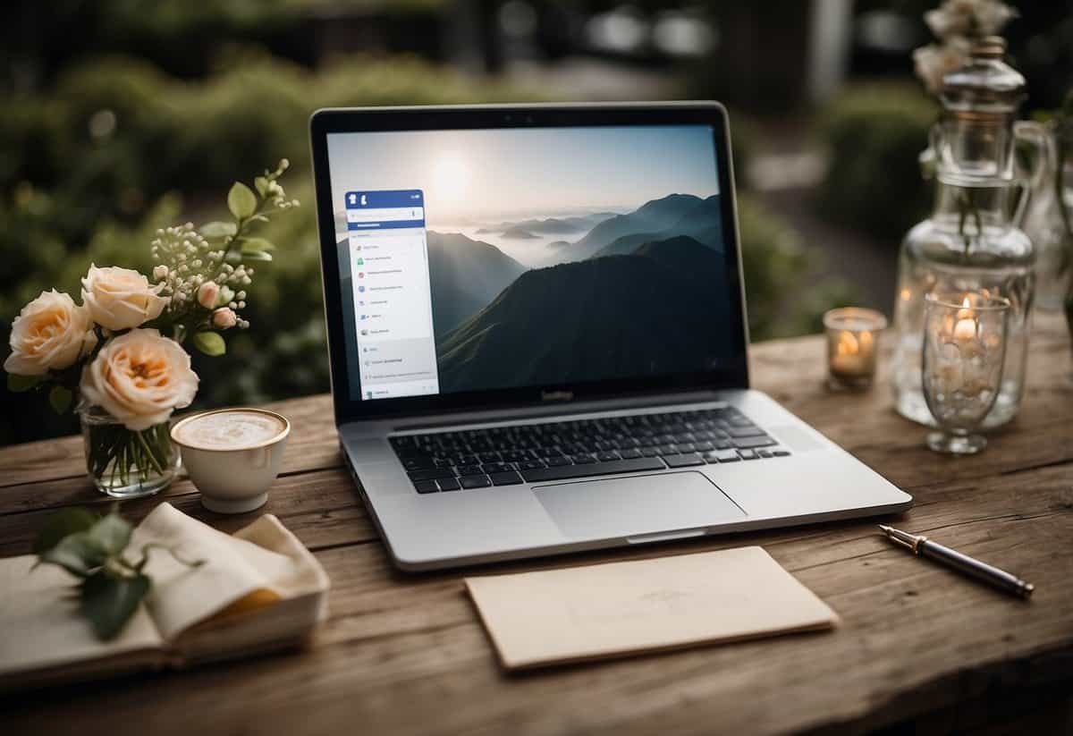 A laptop open to a blank Facebook page, with a wedding invitation and a pen nearby