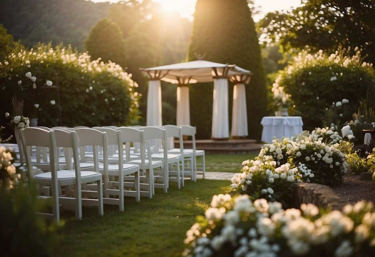 A serene garden with a small, intimate gathering of chairs and an altar adorned with flowers. The setting sun casts a warm glow over the scene, creating a peaceful and private atmosphere for the wedding