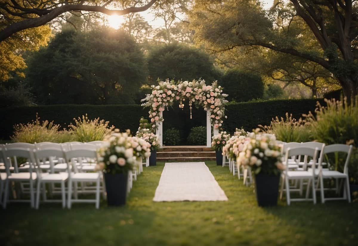A serene garden setting with a small, intimate ceremony space, adorned with flowers and twinkling lights, surrounded by close family and friends