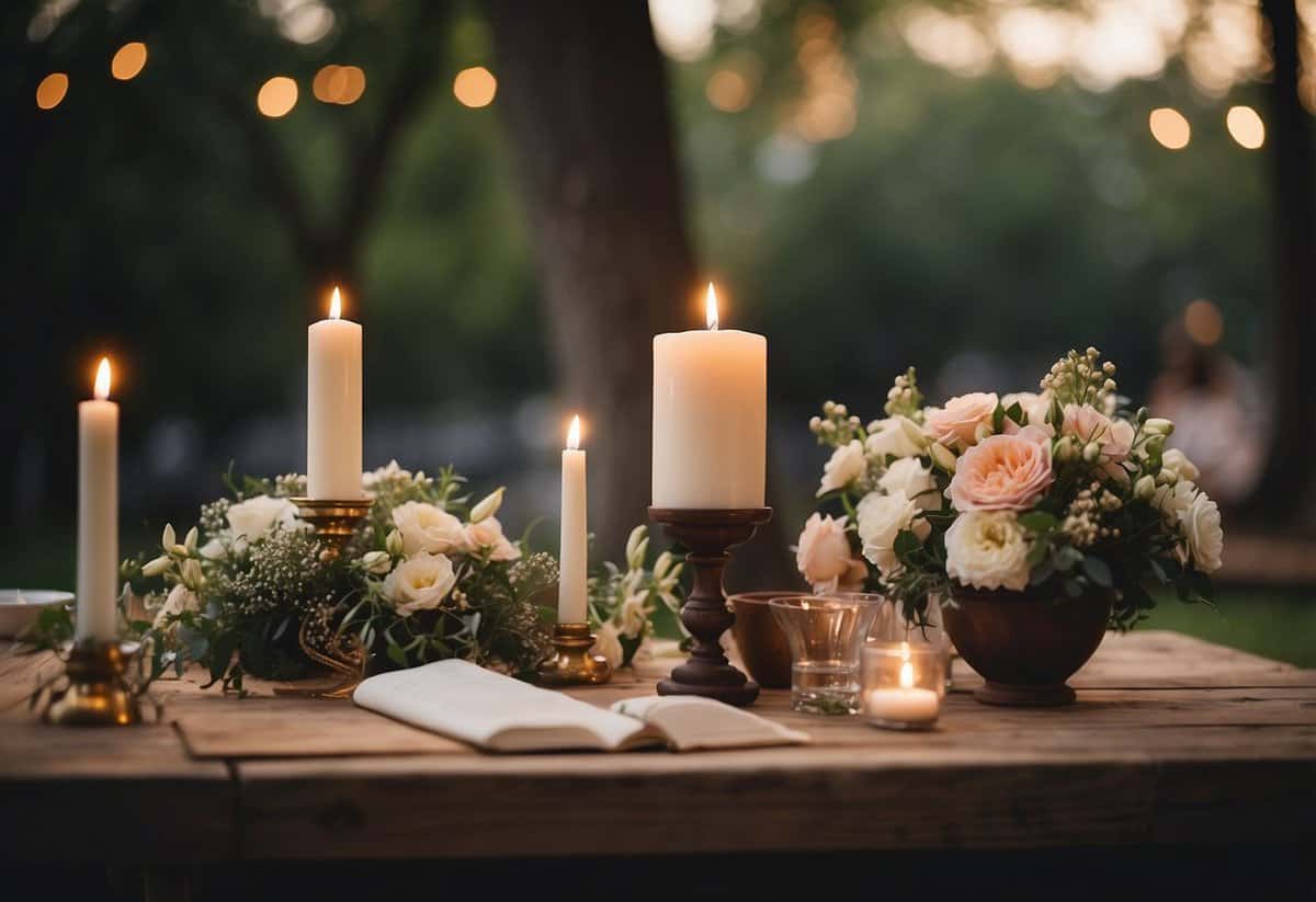 A serene outdoor setting with a simple altar adorned with flowers and candles. A small gathering of close family and friends seated in intimate circles, witnessing the exchange of vows between two individuals