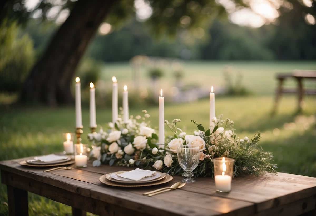 A serene outdoor setting with a simple altar adorned with flowers, surrounded by a small group of close family and friends, creating an intimate and private wedding atmosphere