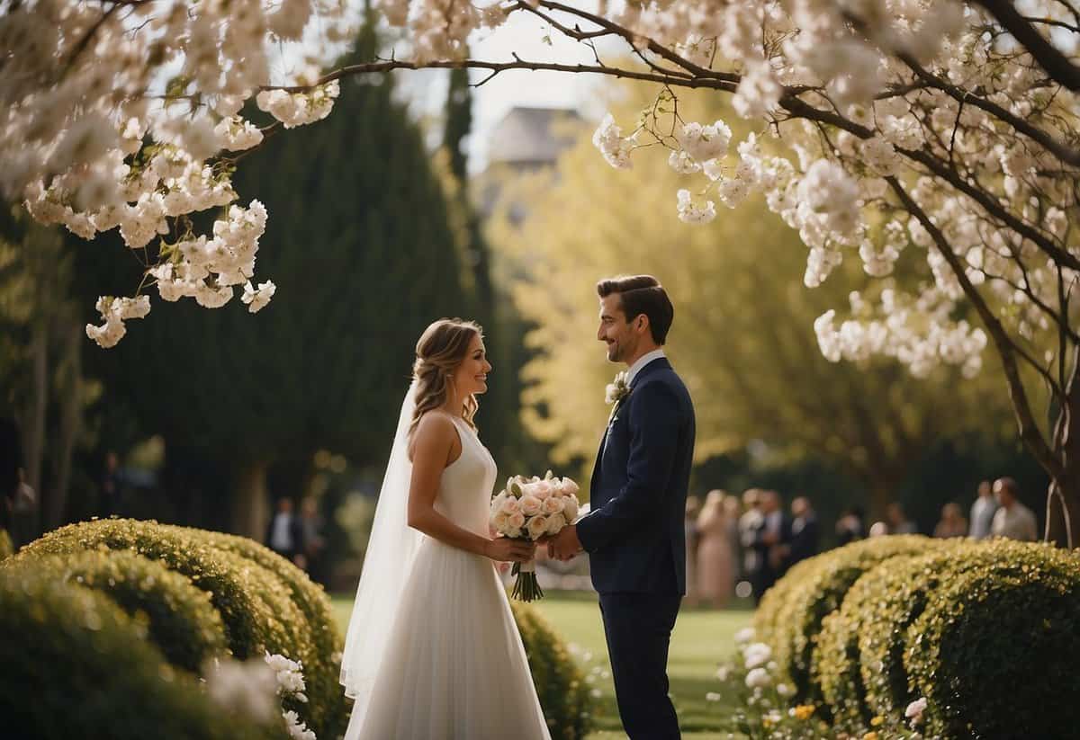 A couple stands in a secluded garden exchanging vows under a blossoming tree, surrounded by close friends and family