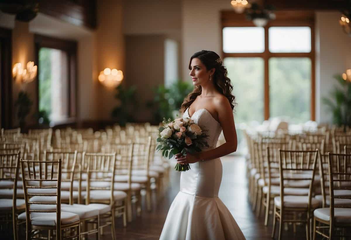 A bride standing alone in a beautiful wedding venue, surrounded by empty chairs and a serene atmosphere