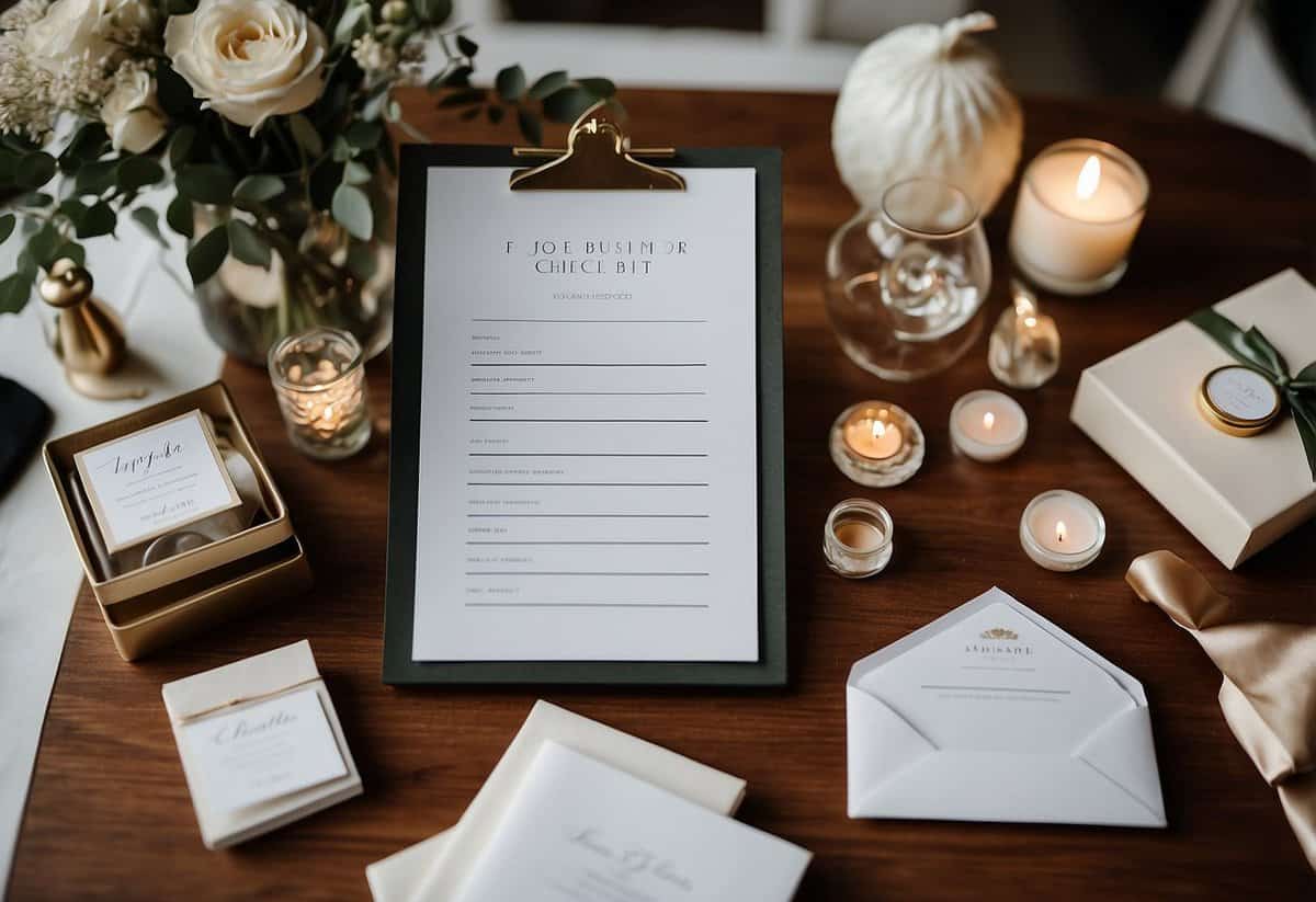 A wedding guest essentials checklist laid out with items such as invitations, seating chart, and favors