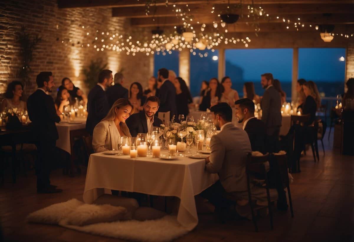 Guests mingle in a cozy, candle-lit space. Soft music plays, and warm colors fill the room. A sign reads "Love is all you need" in elegant script