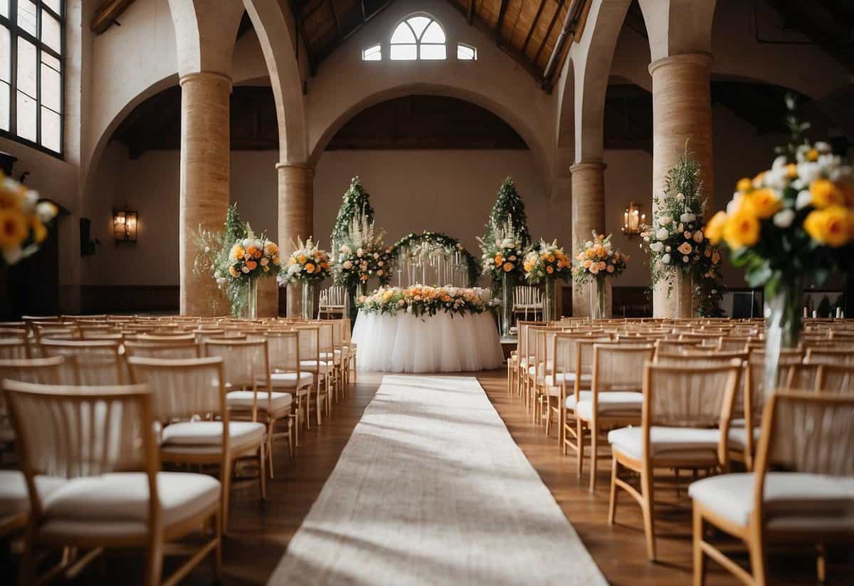 A vibrant wedding venue with 100 filled seats and a decorated altar