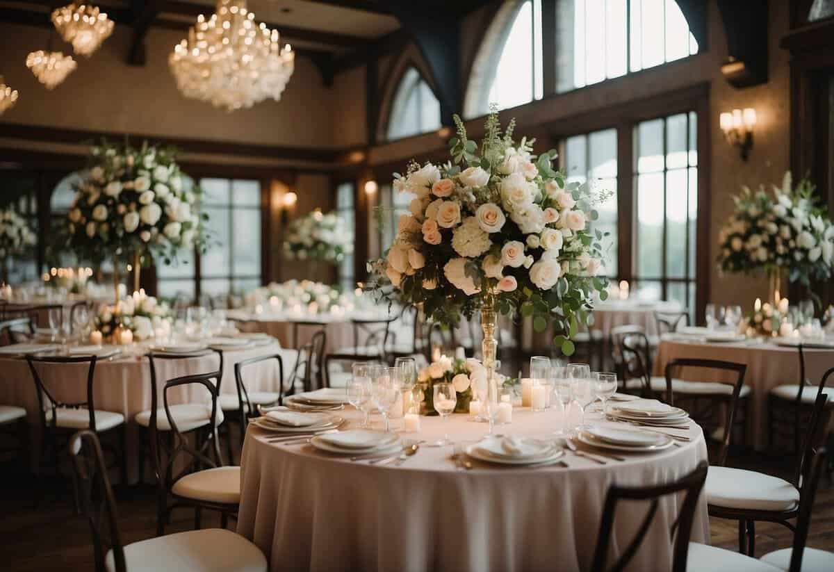 A wedding venue with seating for 100 guests, decorated with flowers and elegant table settings