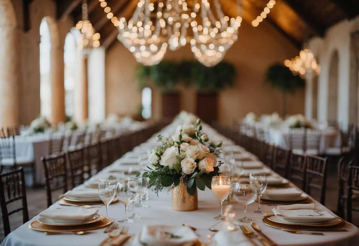 A bustling wedding venue with seating for 100 guests, adorned with elegant decor and a picturesque backdrop for the ceremony