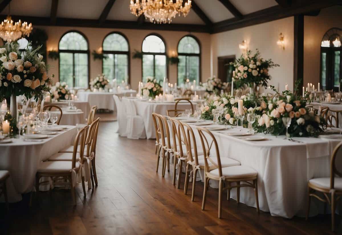 A wedding venue with seating for 100 guests, decorated with flowers and elegant table settings. A budget-friendly but stylish atmosphere