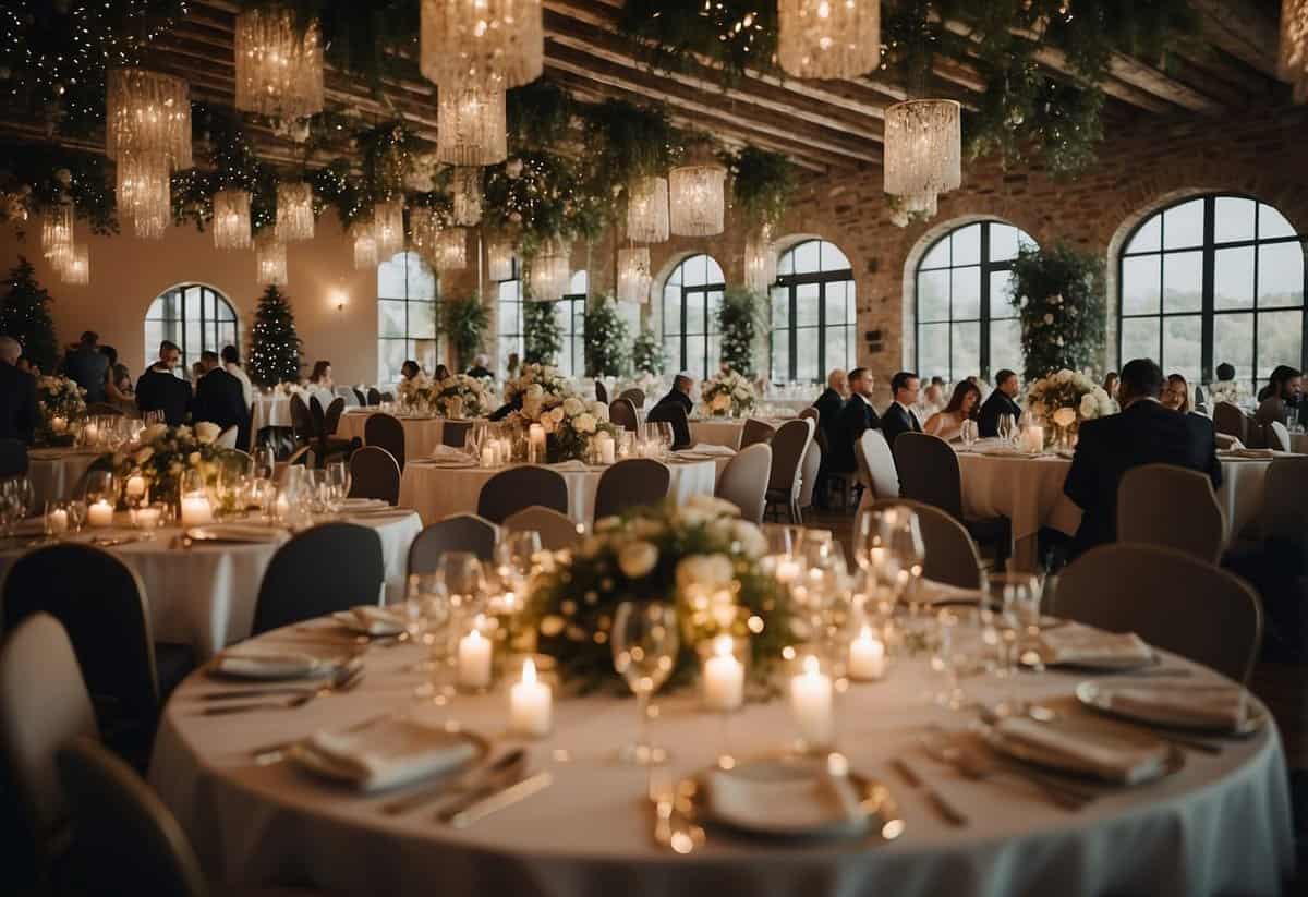 A festive wedding reception with 100 guests celebrating in a beautiful venue with elegant decorations and a joyful atmosphere