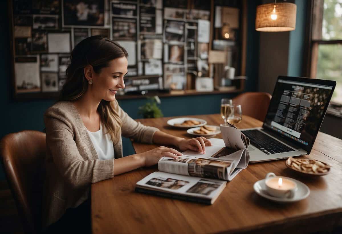 A couple sits at a table with wedding magazines, a notebook, and a laptop. A calendar on the wall shows the current month with the wedding date circled