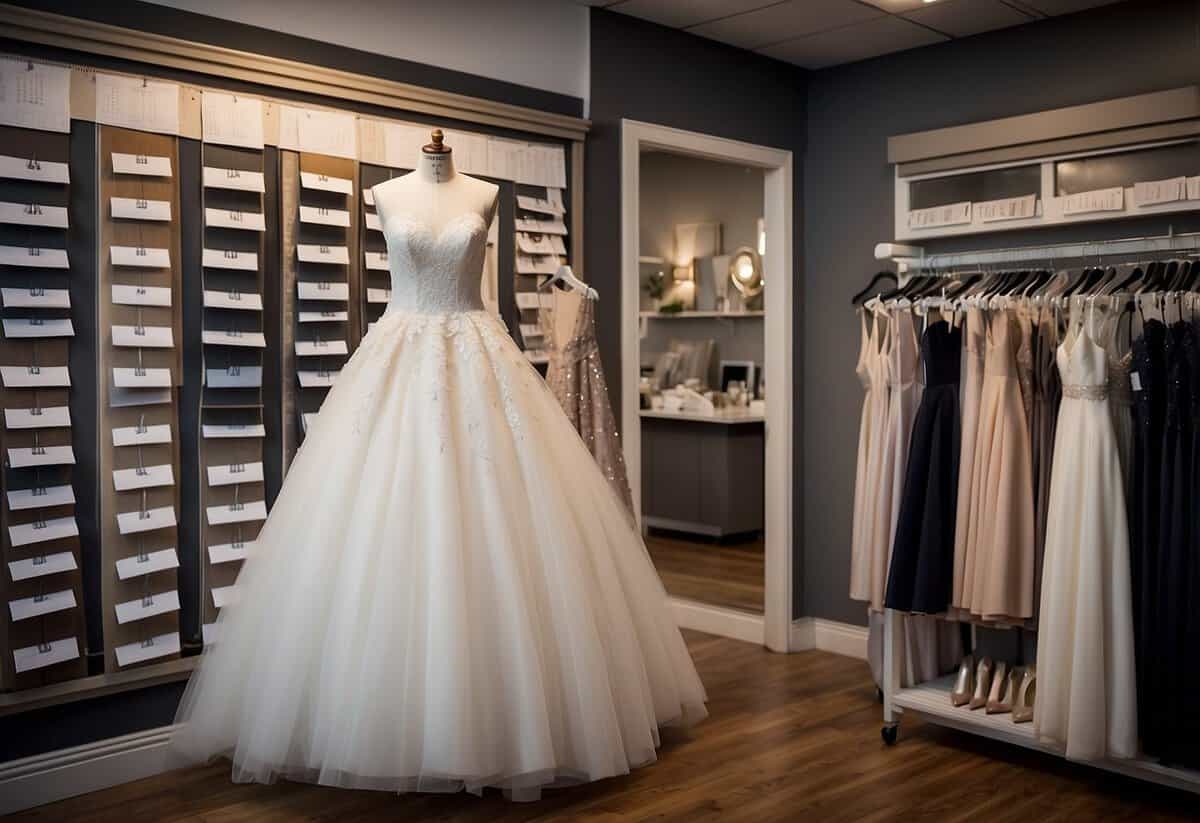 A bridal gown and tuxedo hang on a clothing rack, surrounded by swatches of fabric, color palettes, and design sketches. A calendar on the wall shows the date of the upcoming wedding