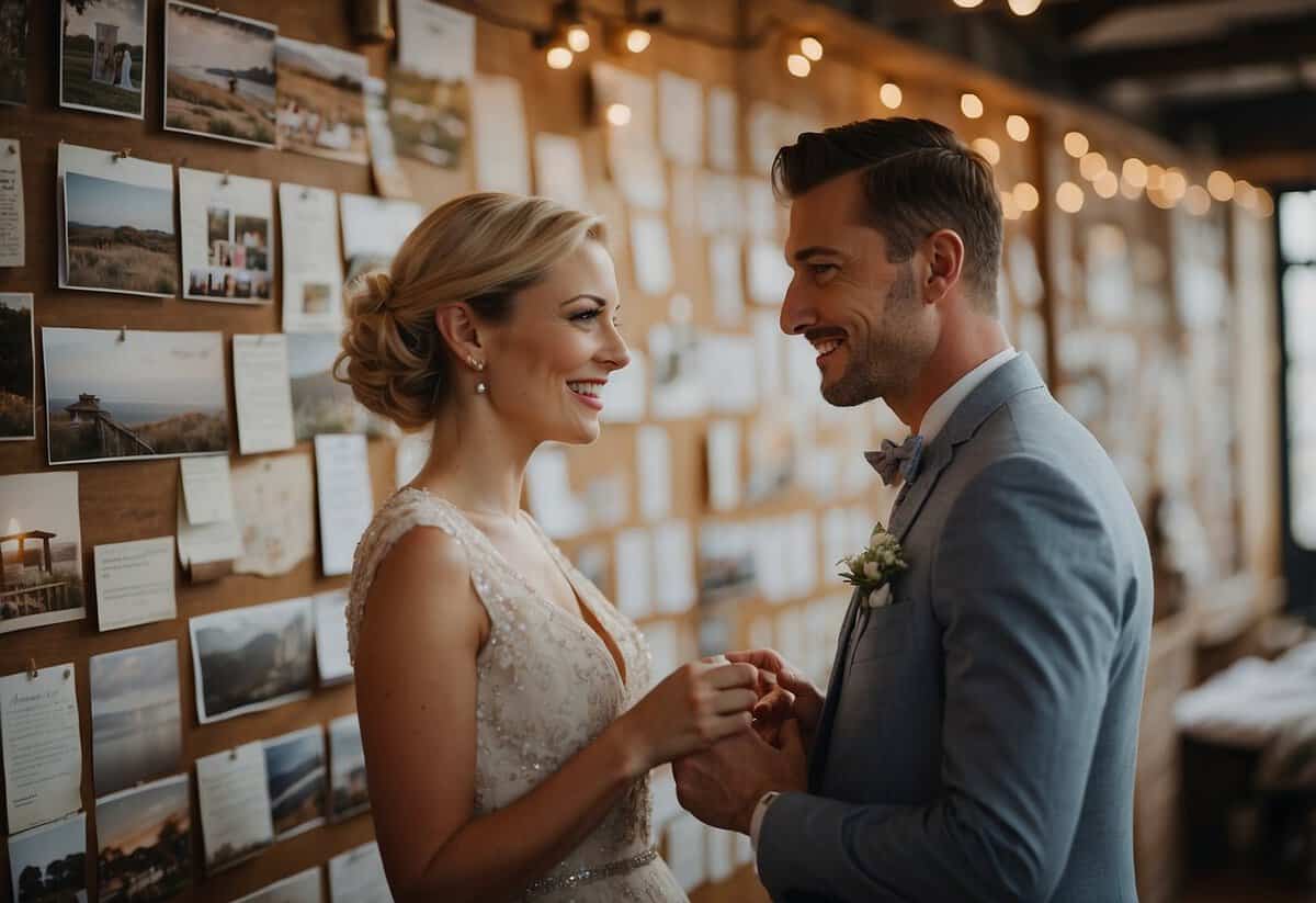 A couple quickly plans their wedding in the UK, surrounded by inspiration boards, venue brochures, and a calendar marked with important dates