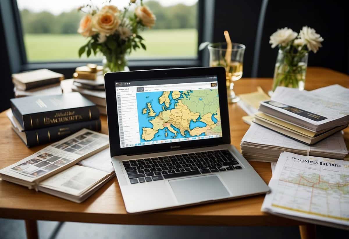 A table filled with wedding planning books and calendars, a laptop open to a legal website, and a map of the UK with highlighted locations