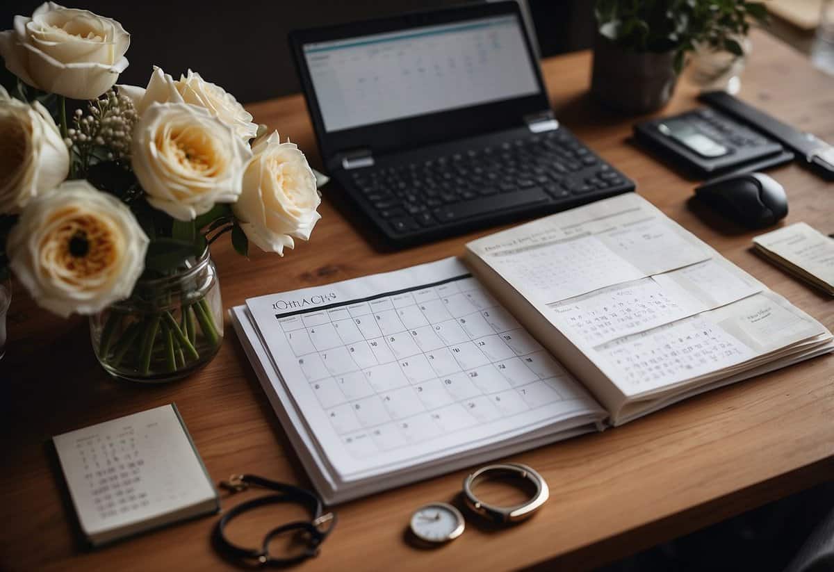 A bustling wedding planner's desk with a calendar, phone, and checklist. Flowers and fabric swatches lay scattered, as final details are meticulously arranged