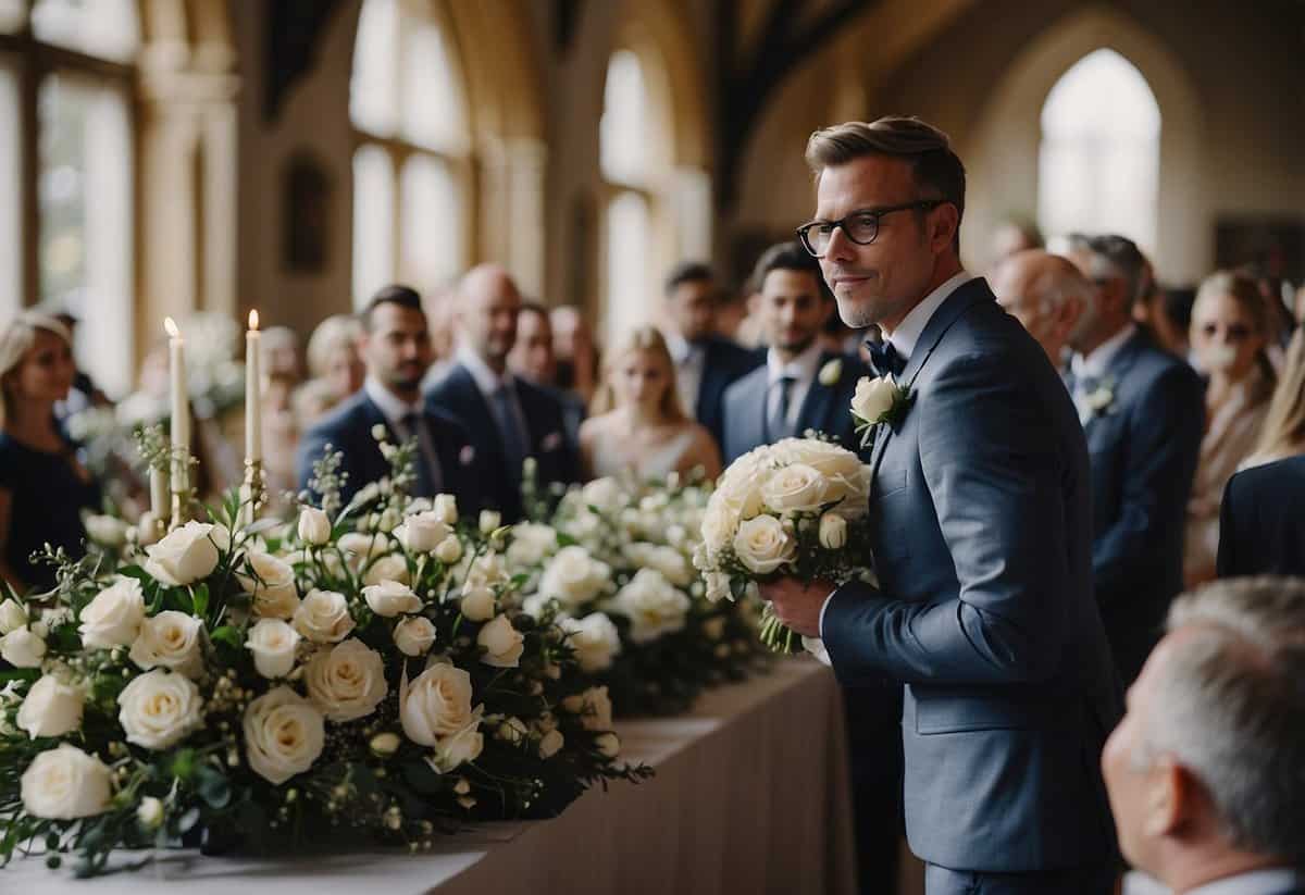 A bustling wedding planner organizes a ceremony in a UK venue, coordinating vendors, guests, and logistics with precision and speed