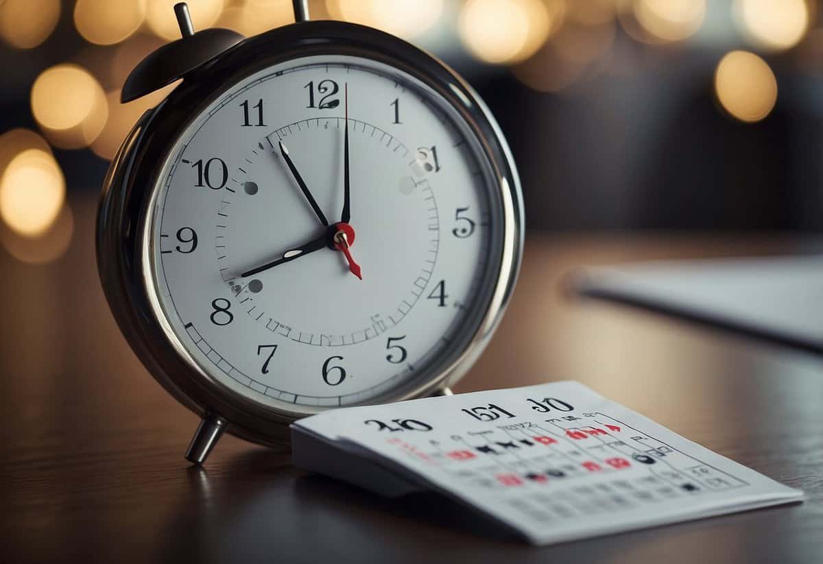 A calendar with a wedding date circled, a clock showing the current date, and a countdown timer displaying the time remaining until the wedding