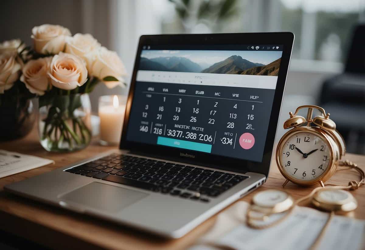 A calendar with wedding dates, a clock with various times, and a computer screen displaying a wedding website