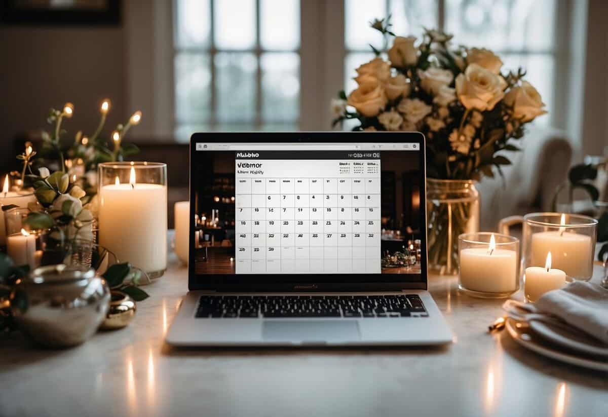 A laptop with a wedding website open, surrounded by gift registry items and a calendar, indicating the need for ongoing updates