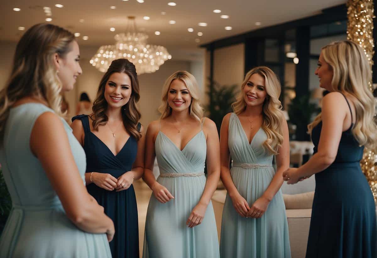The bridesmaids pay for their dresses and accessories at a chic boutique