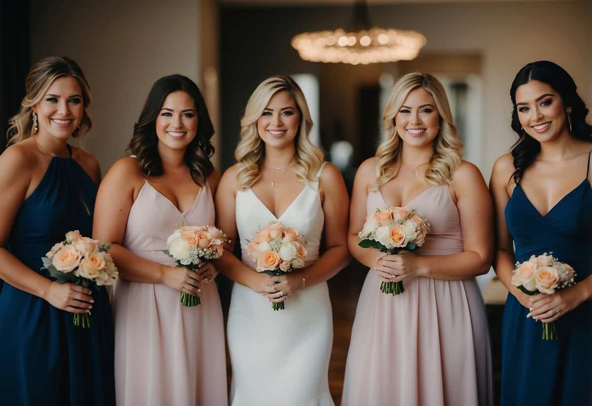 The bridesmaids purchase their own dresses, shoes, and accessories, as well as contribute to the bridal shower and bachelorette party expenses