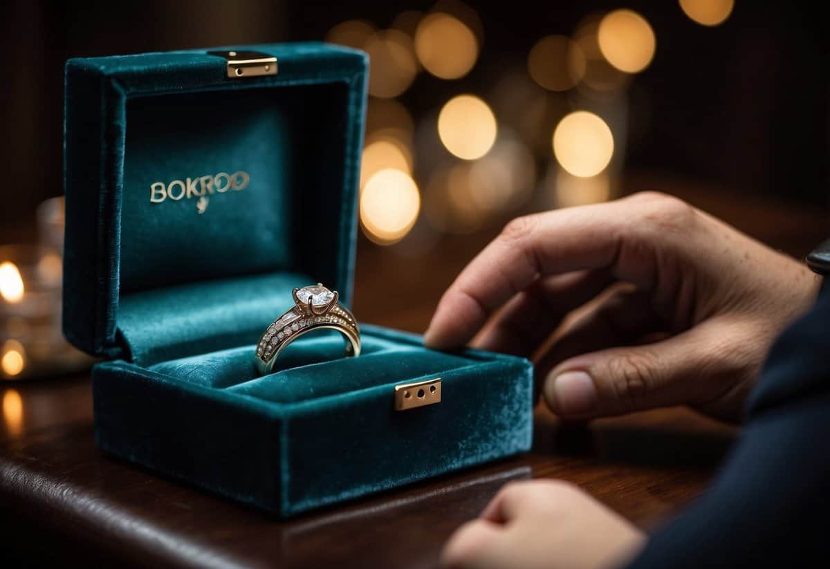 A hand reaches into a velvet box, offering a pair of gleaming wedding rings