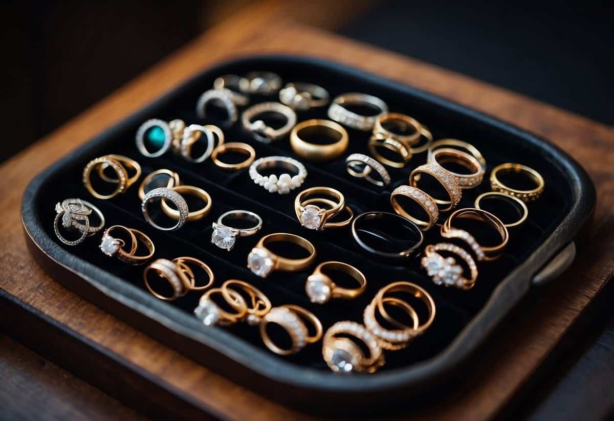 Various wedding ring options displayed on a velvet tray. A price tag indicates who pays for each ring
