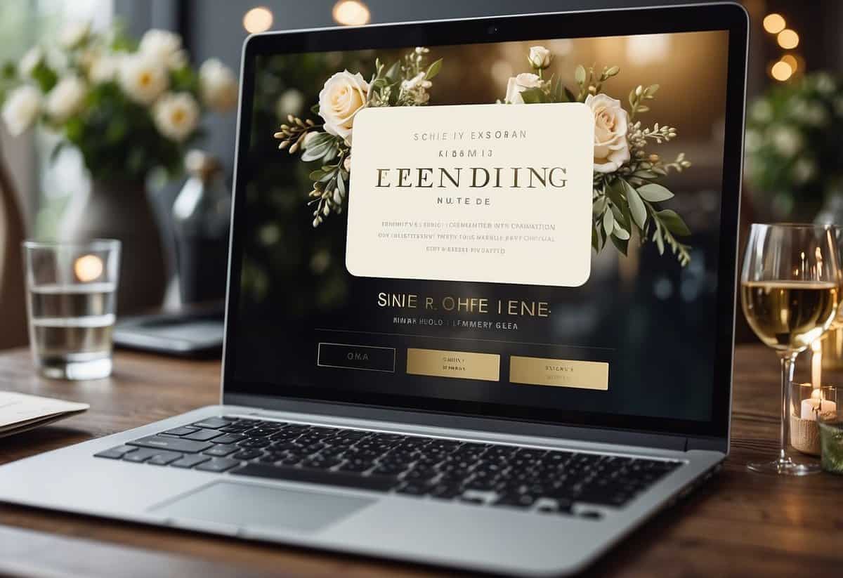 A computer screen displaying a beautifully designed online wedding invitation. A cursor hovers over the "send" button, ready to share the digital invite with guests