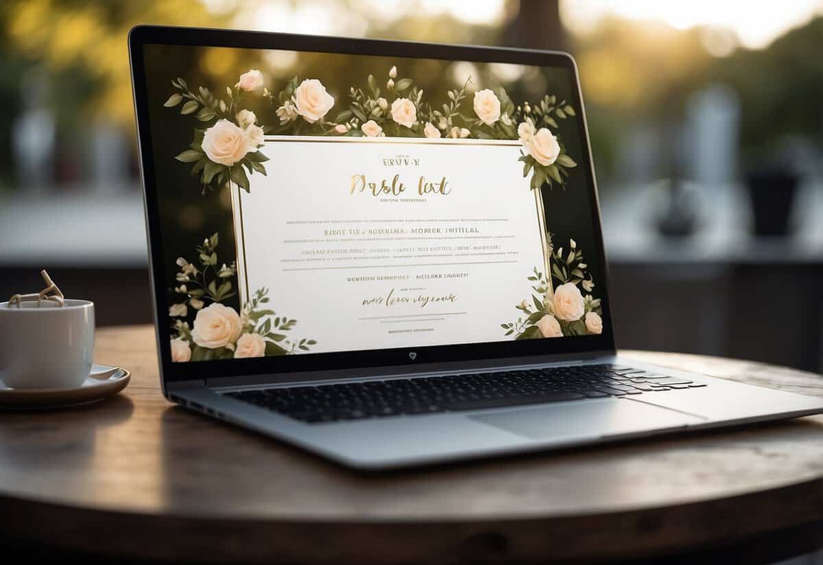 A laptop screen displaying a digital wedding invitation with a guest list and RSVP form. An email inbox with responses and notifications