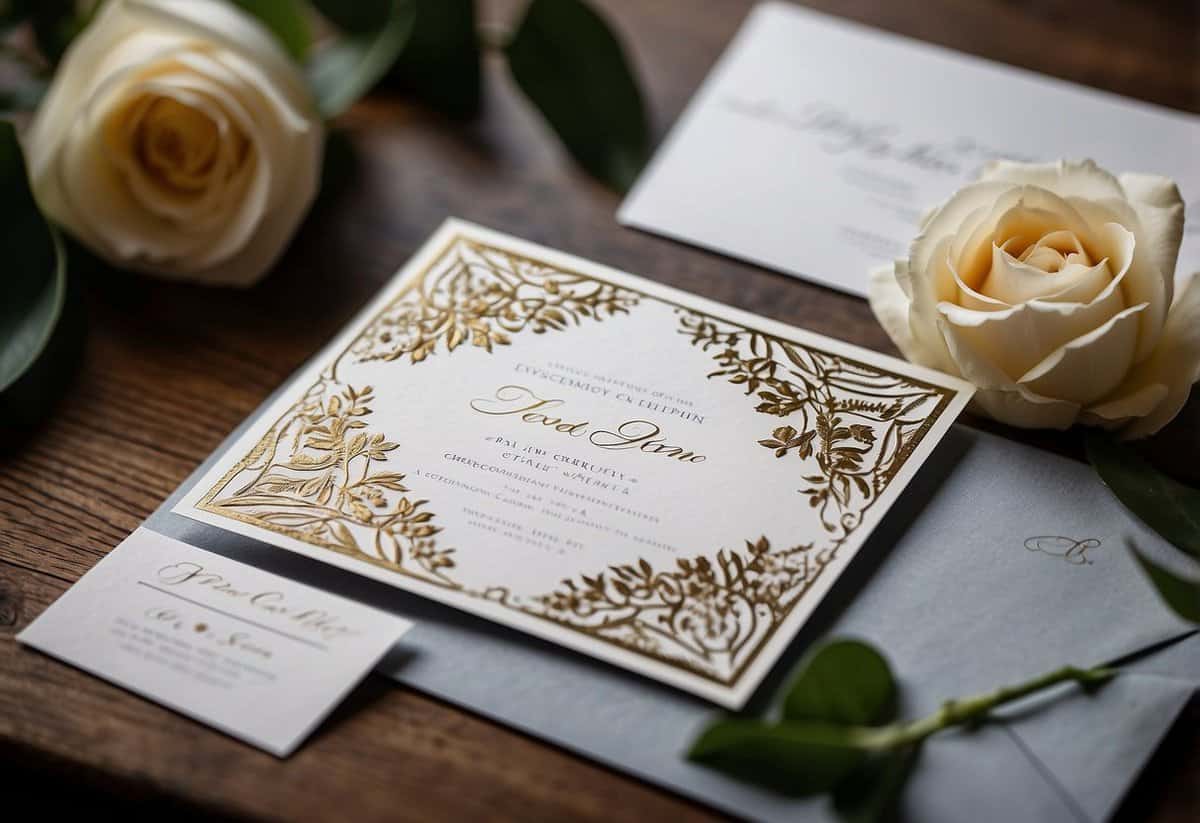 Guests receive elegant invitations to a wedding, adorned with floral designs and calligraphy. A separate card outlines the ceremony and reception details, accompanied by an RSVP card and envelope