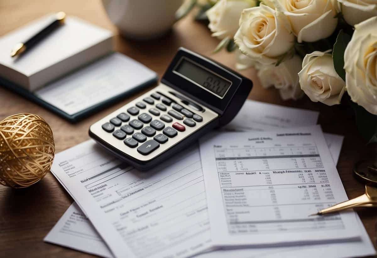 A stack of elegant wedding invitations surrounded by budgeting spreadsheets and a calculator, symbolizing the consideration of costs in inviting guests to a wedding