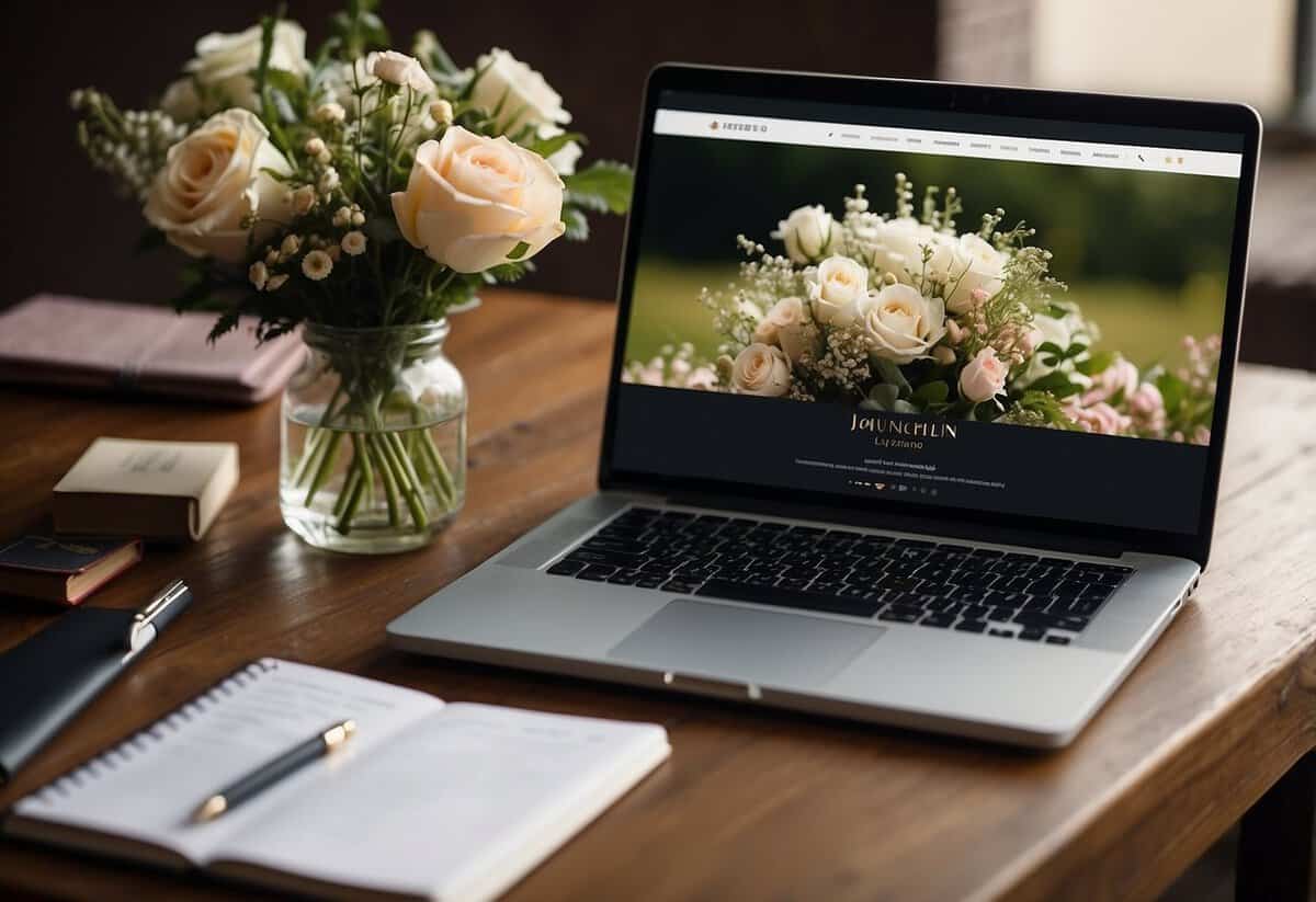 A laptop with a wedding website mockup on the screen, surrounded by a bouquet of flowers, a wedding ring, and a pen and notebook for jotting down ideas