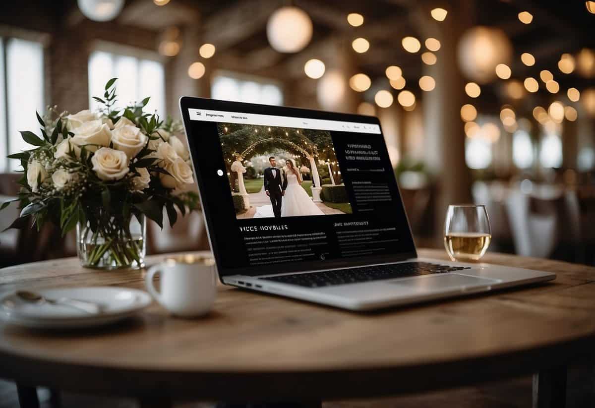 A computer screen displaying a wedding website with details such as venue, date, dress code, and RSVP options