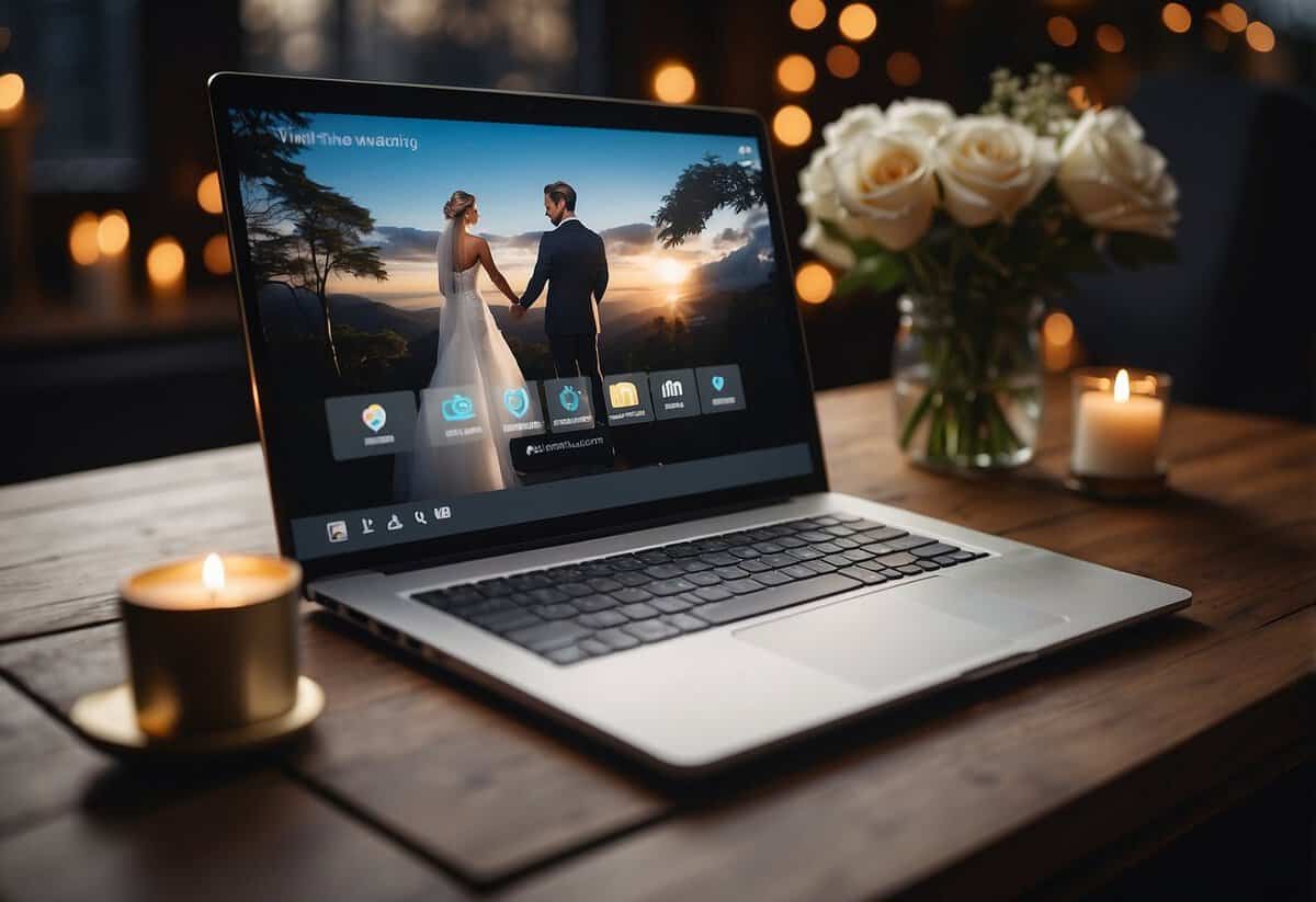 A computer screen displaying a virtual wedding ceremony with a digital marriage certificate and two avatars exchanging vows