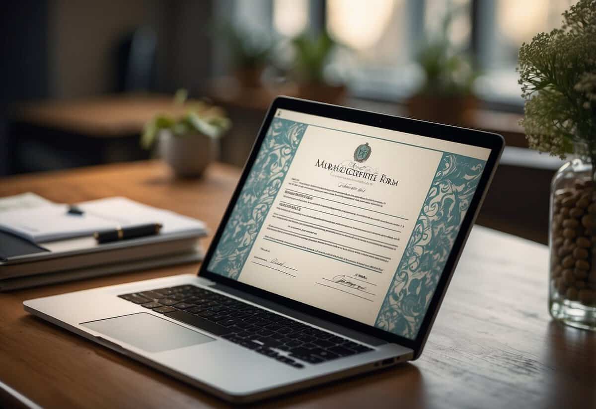 A computer screen displaying a marriage certificate application form with UK legal requirements listed. A virtual ceremony in progress on the screen