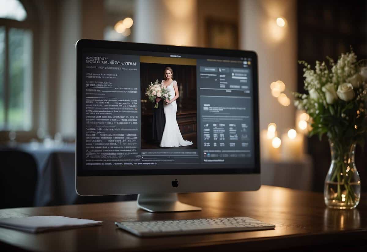 A computer screen displaying a virtual wedding ceremony with a UK legal document in the background